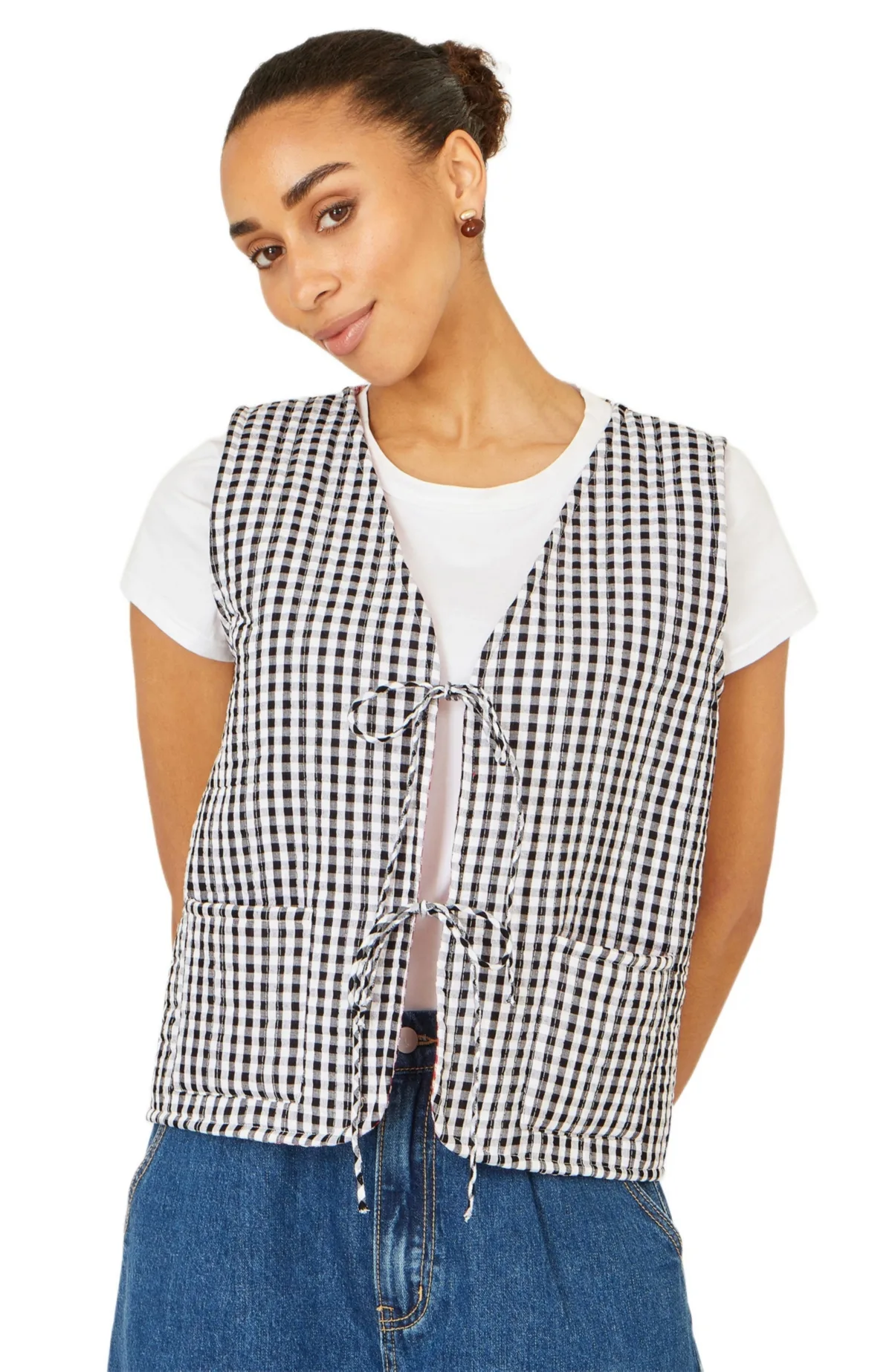Gingham Reversible Cotton Tie Waistcoat by Yumi