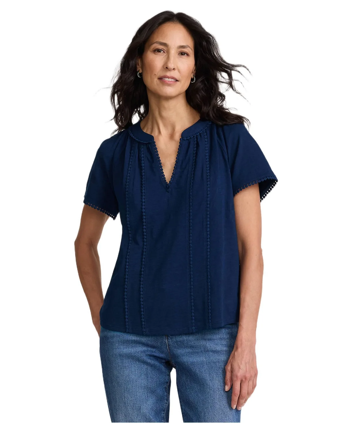 Slub Short Sleeve Notch Neck Top by Lands' End