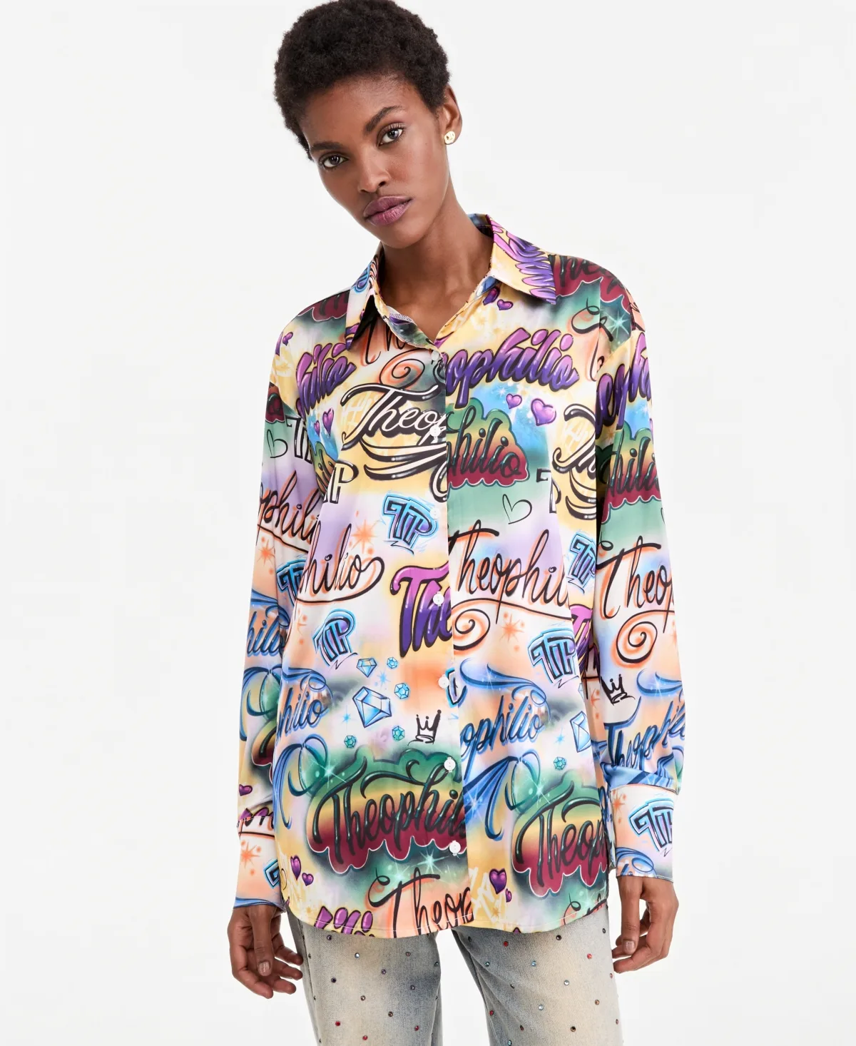 Oversized Graffiti Print Button-Up Shirt by Theophilio | Macy's