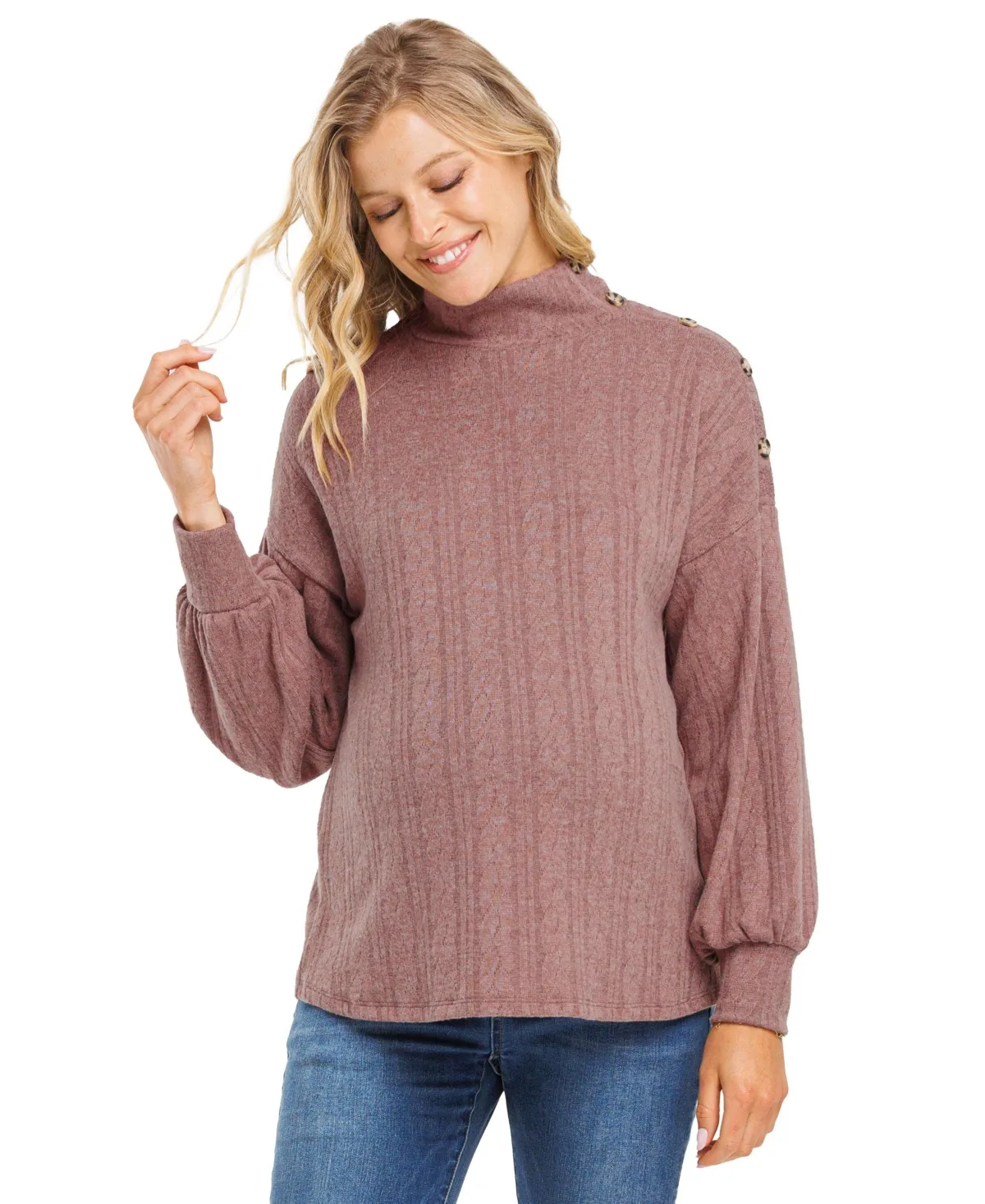 Mock Neck Button Shoulder Knit Sweater by Hello Miz