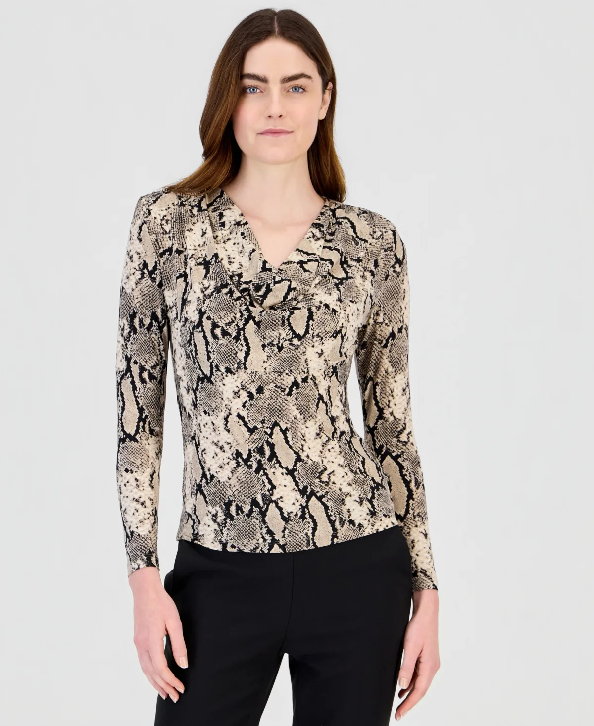 Cowl Neck Long Sleeve Snake-Print Blouse by Anne Klein