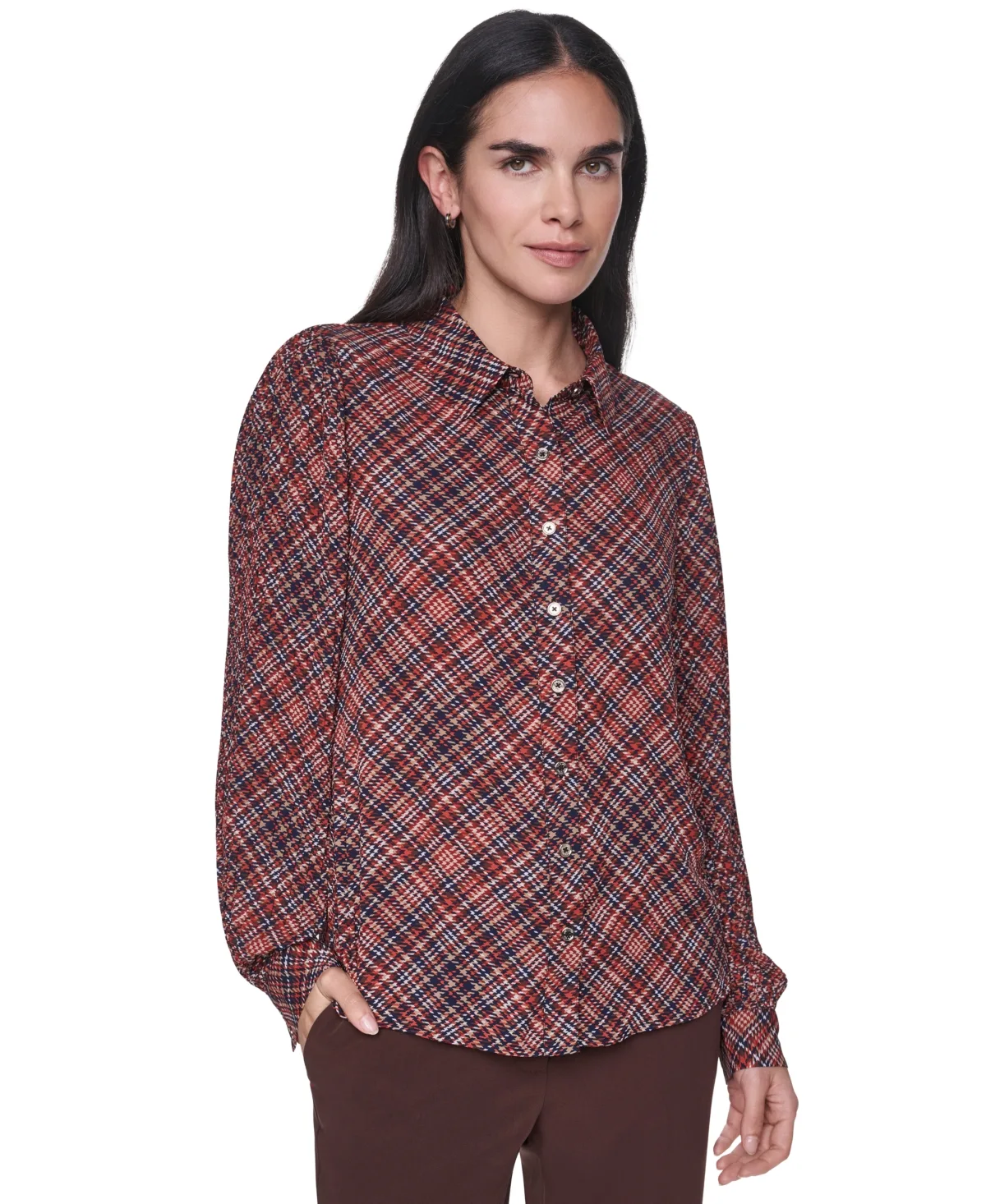 Button-Front Pleated Plaid Long-Sleeve Blouse by Tommy Hilfiger