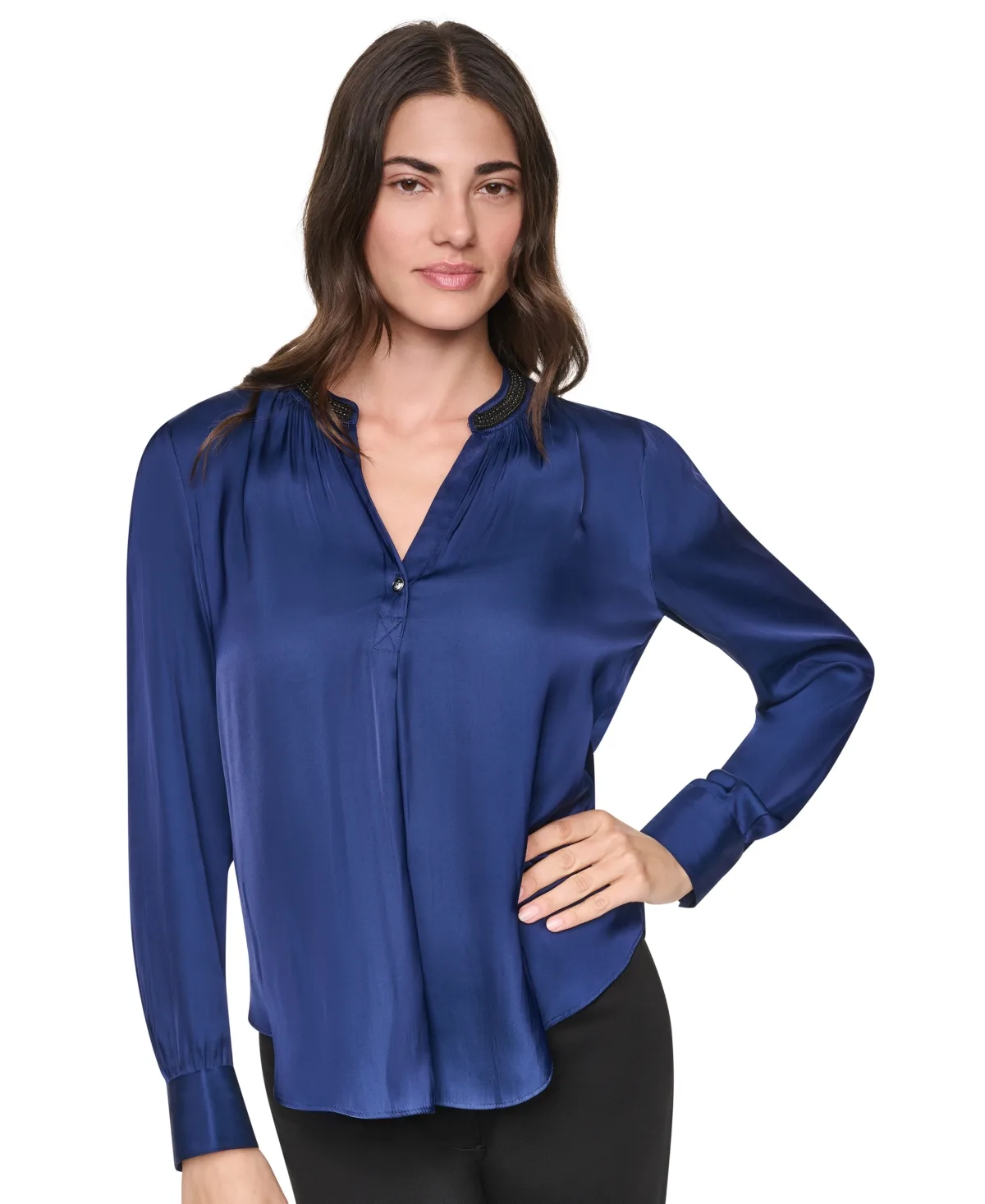 V-Neck Satin Long-Sleeve Top by Dkny