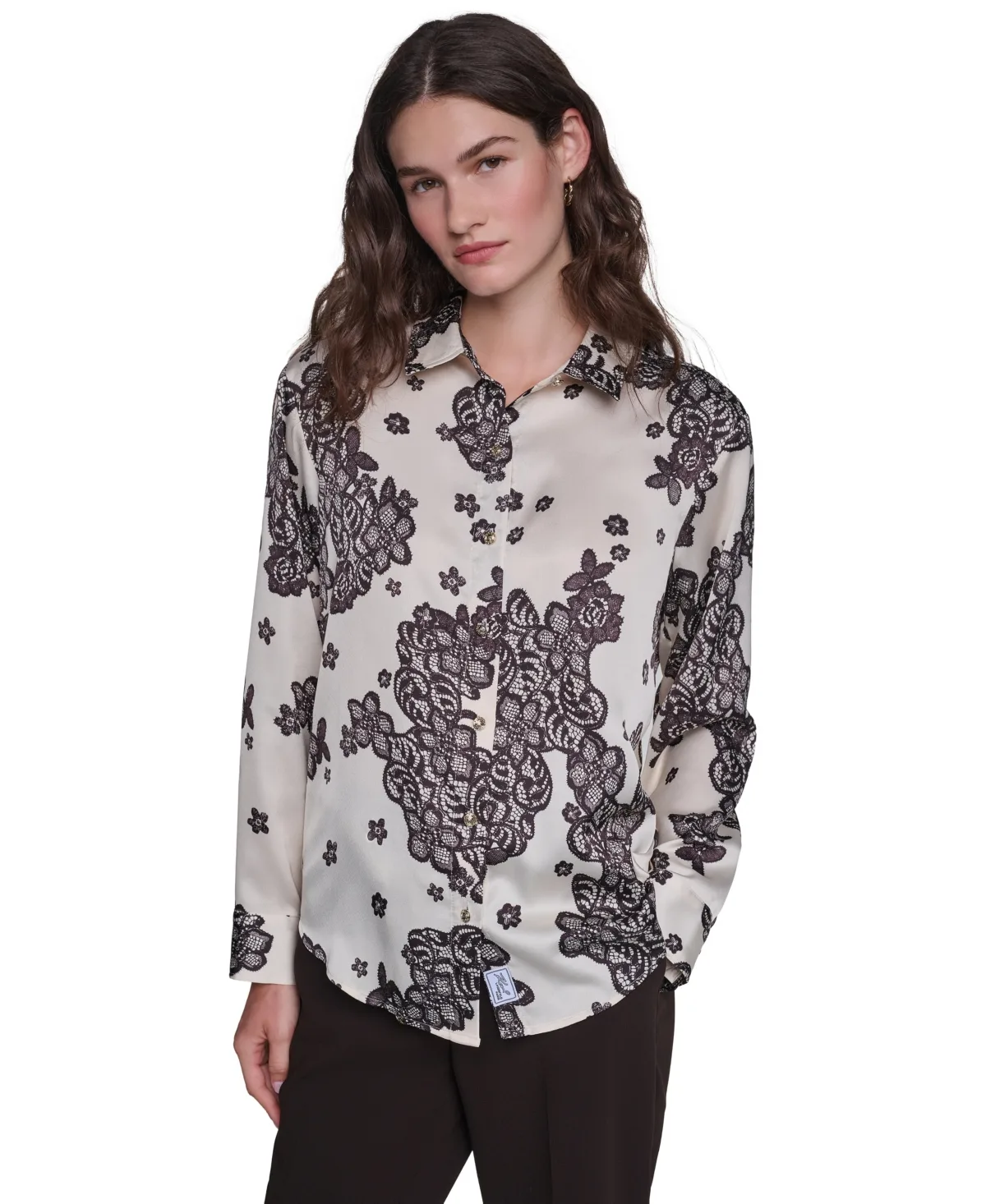 Long-Sleeve Printed Collared Blouse by Karl Lagerfeld Paris