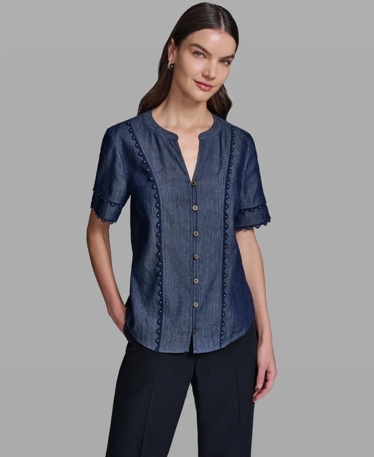 V-Neck Nailhead Trim Short-Sleeve Blouse by Karl Lagerfeld Paris