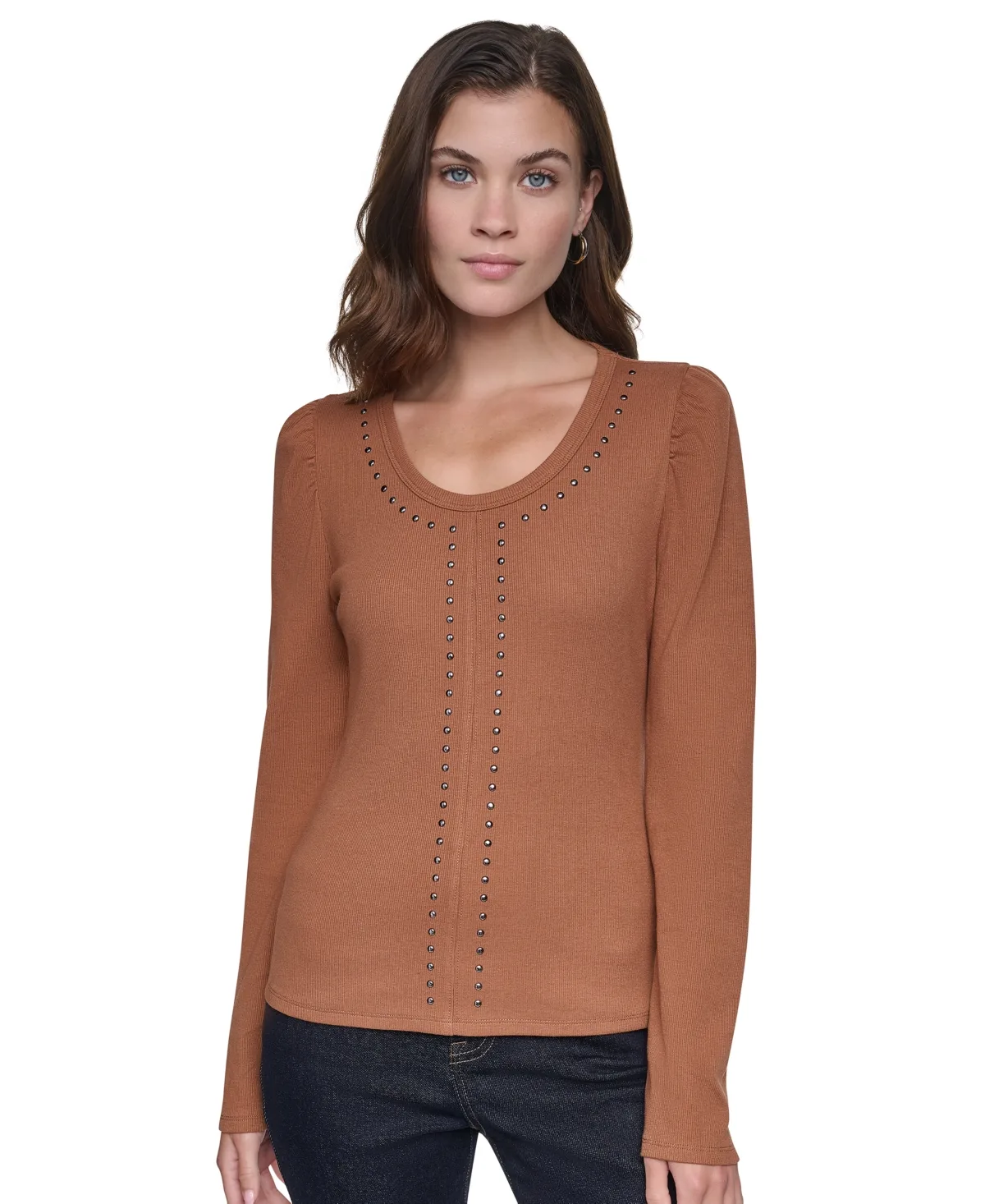 Scoop Neck Long-Puff Sleeve Rhinestud Cotton-Blend Top by Dkny Jeans