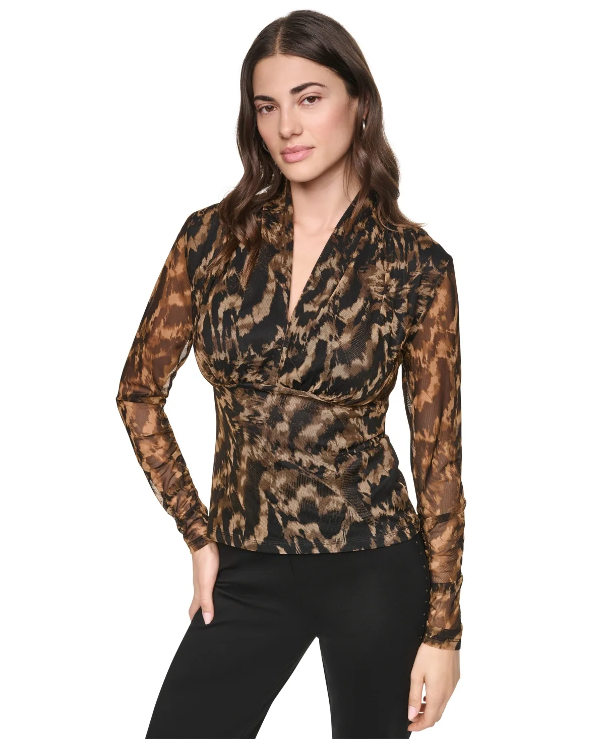 Printed Mesh V-Neck Long-Sleeve Top by Dkny