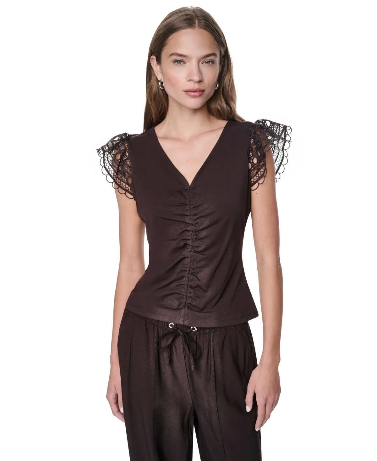 V-Neck Lace Trim Gathered Top by Dkny