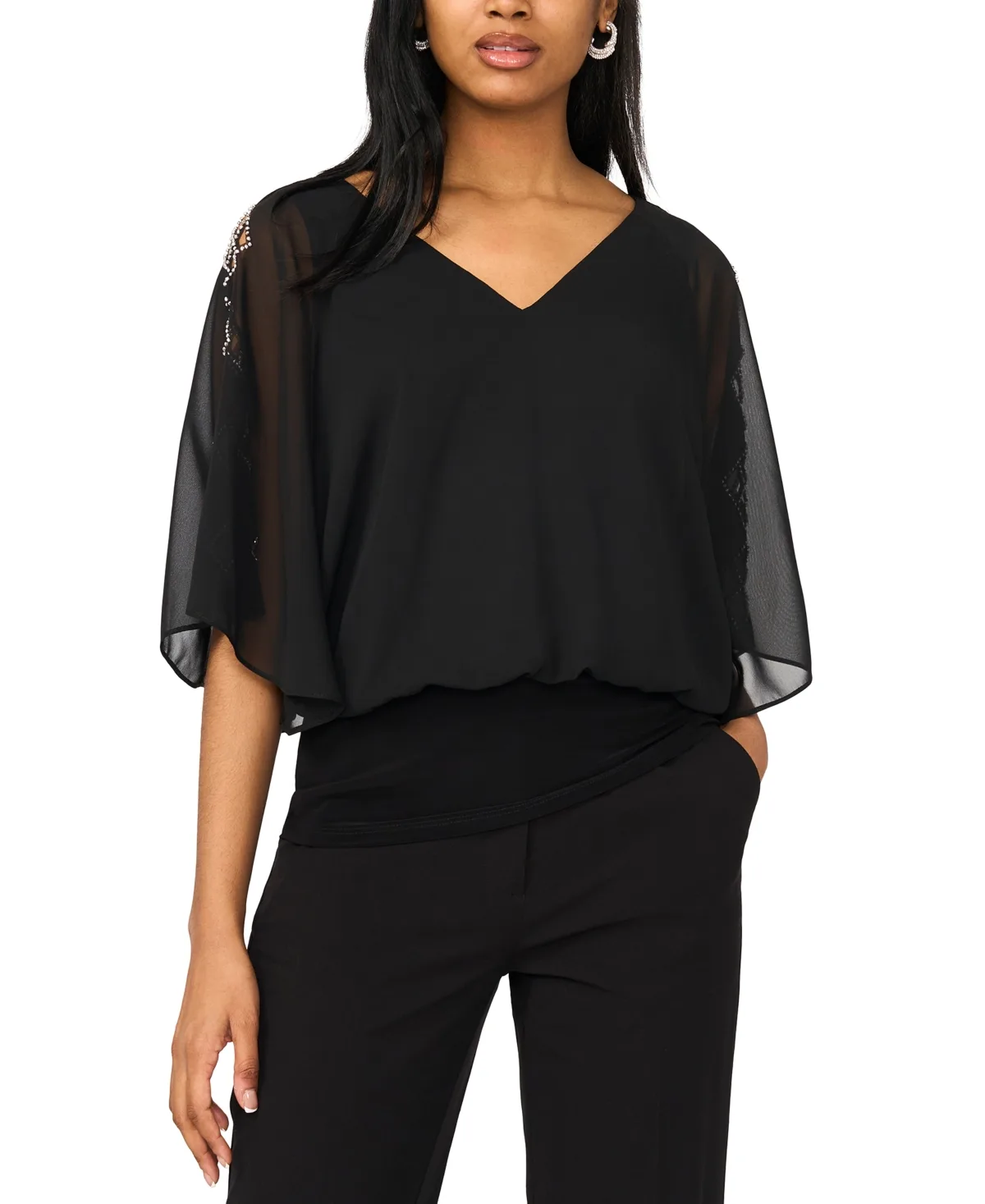 V-Neck 3/4-Length Sleeve Blouson Top by Msk
