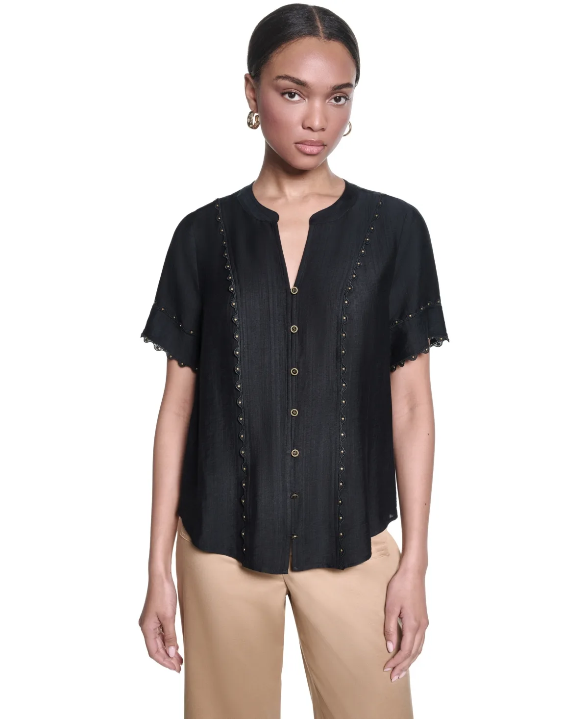 Short-Sleeve Nailhead Trim Woven Top by Karl Lagerfeld Paris