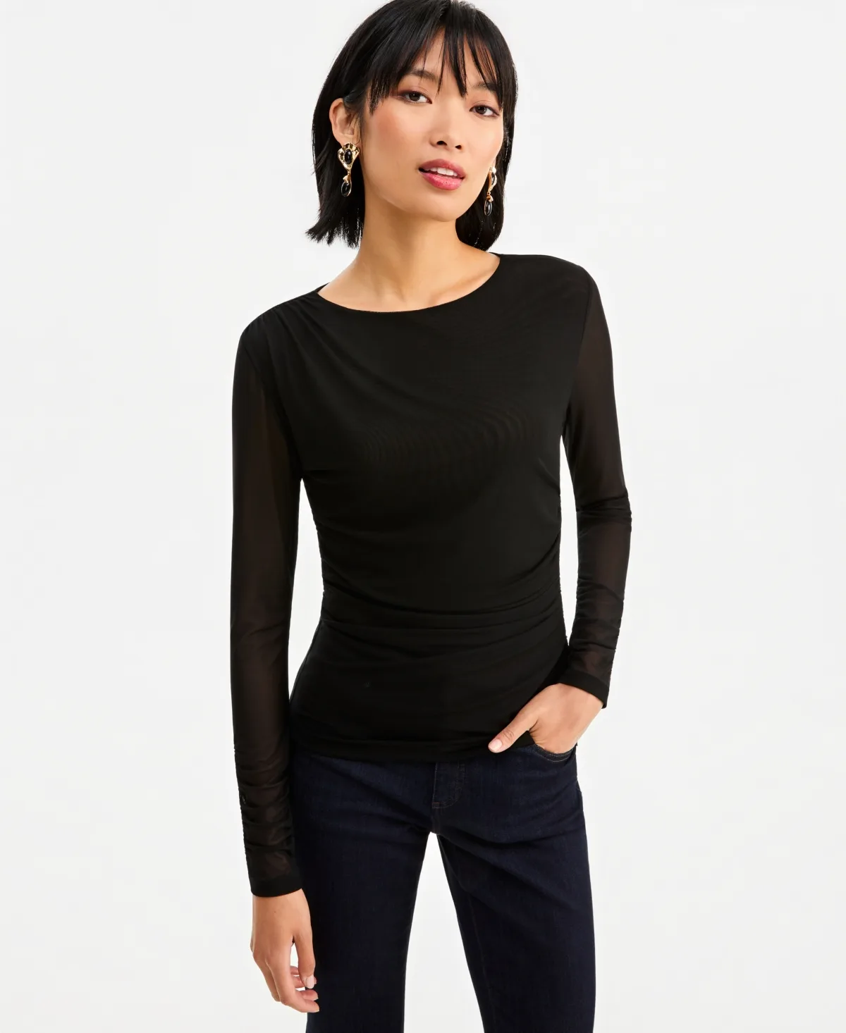 Long-Sleeve Ruched Mesh Blouse by I.n.c. International Concepts