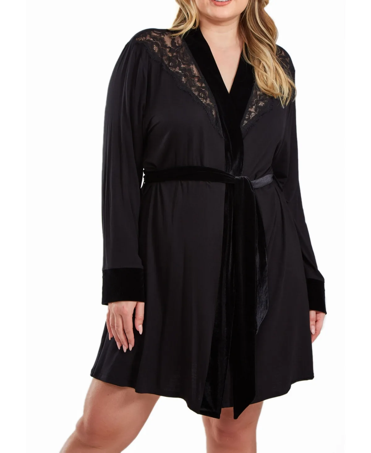 Layna Velore and Velvet Lace Trimmed Self Tie Robe by Icollection