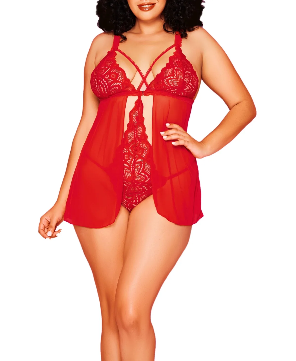Stella Galloon Lace and Mesh Soft Cup Babydoll with Connected Bodysuit Inside and Flyaway Front