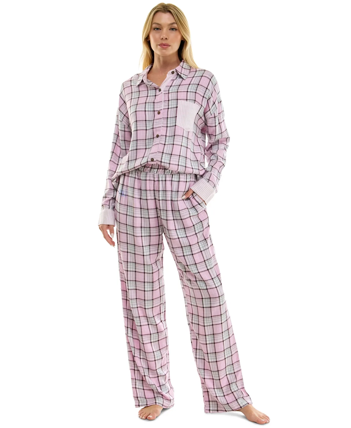 Flannel Collared Long-Sleeve Shirt and Pant Pajama Set by Roudelain