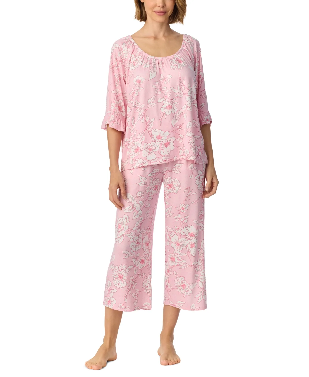 Above-Elbow Raglan Sleeves with Ruffle Wide-Leg Cropped Pant Pajama Set by Ellen Tracy
