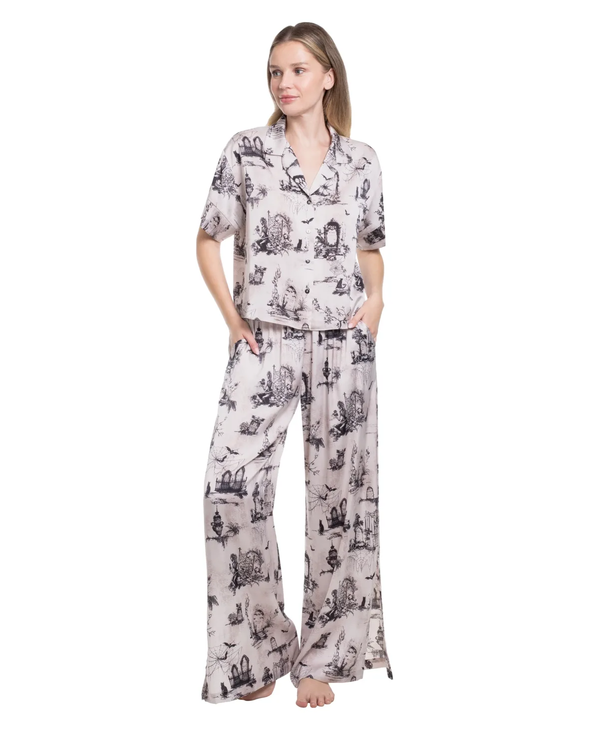 Eerie Toile Satin Short-Sleeve Pajama Set by Midnight Bakery