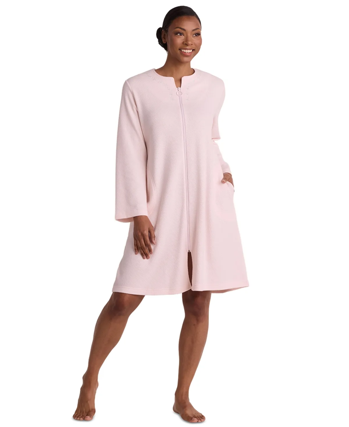 Zip Front Textured Knit Robe by Miss Elaine