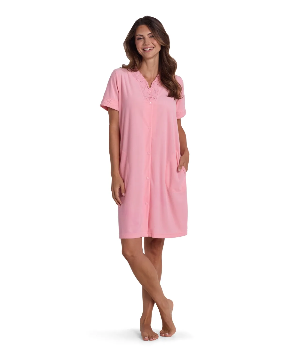 Short-Sleeve Solid Short Grip Robe by Miss Elaine