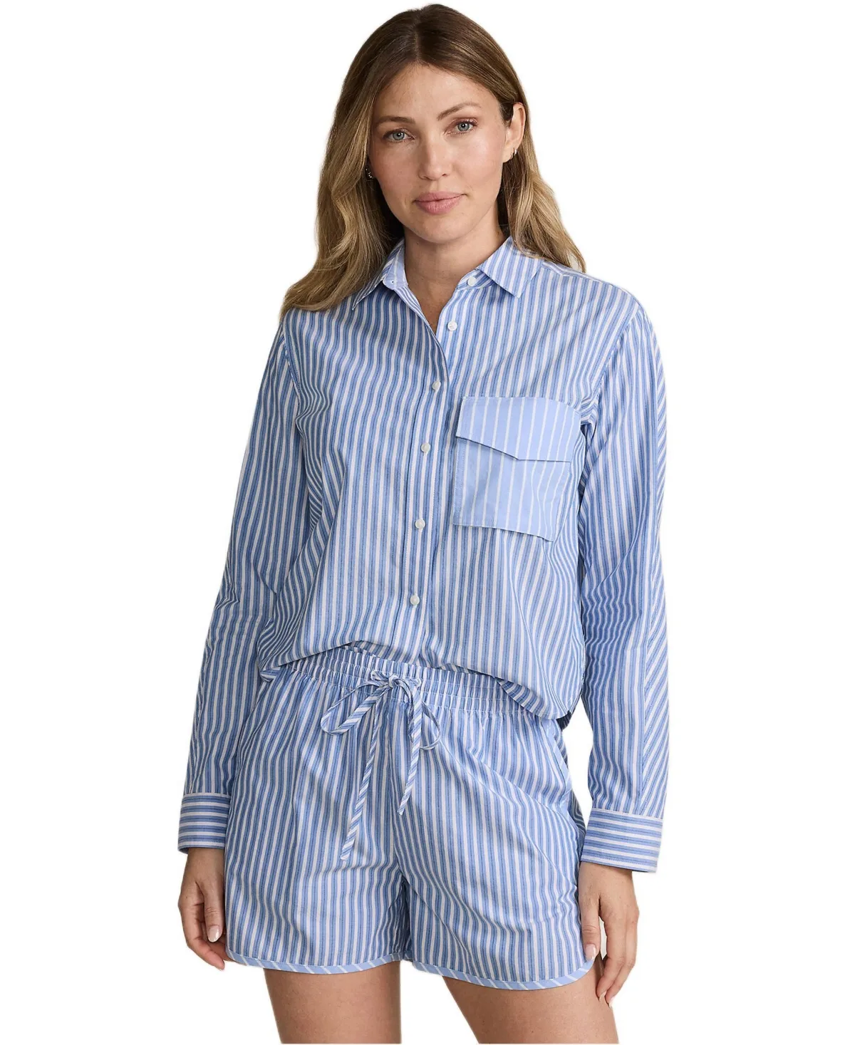 Cotton Poplin 2 Piece Pajama Set - Long Sleeve Top and Shorts with Piping by Lands' End