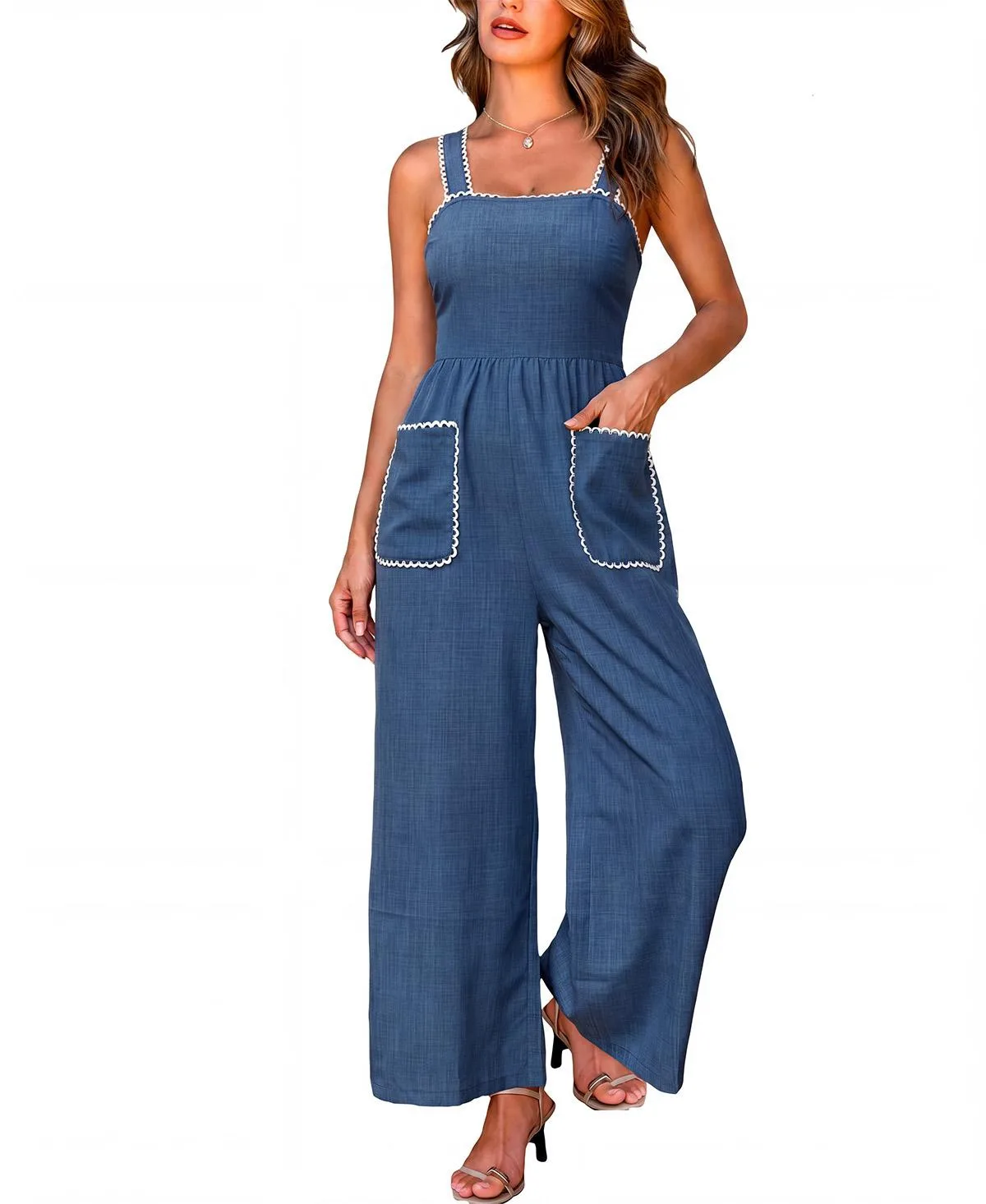 Ric Rac Trim Square Neck Wide-Leg Jumpsuit