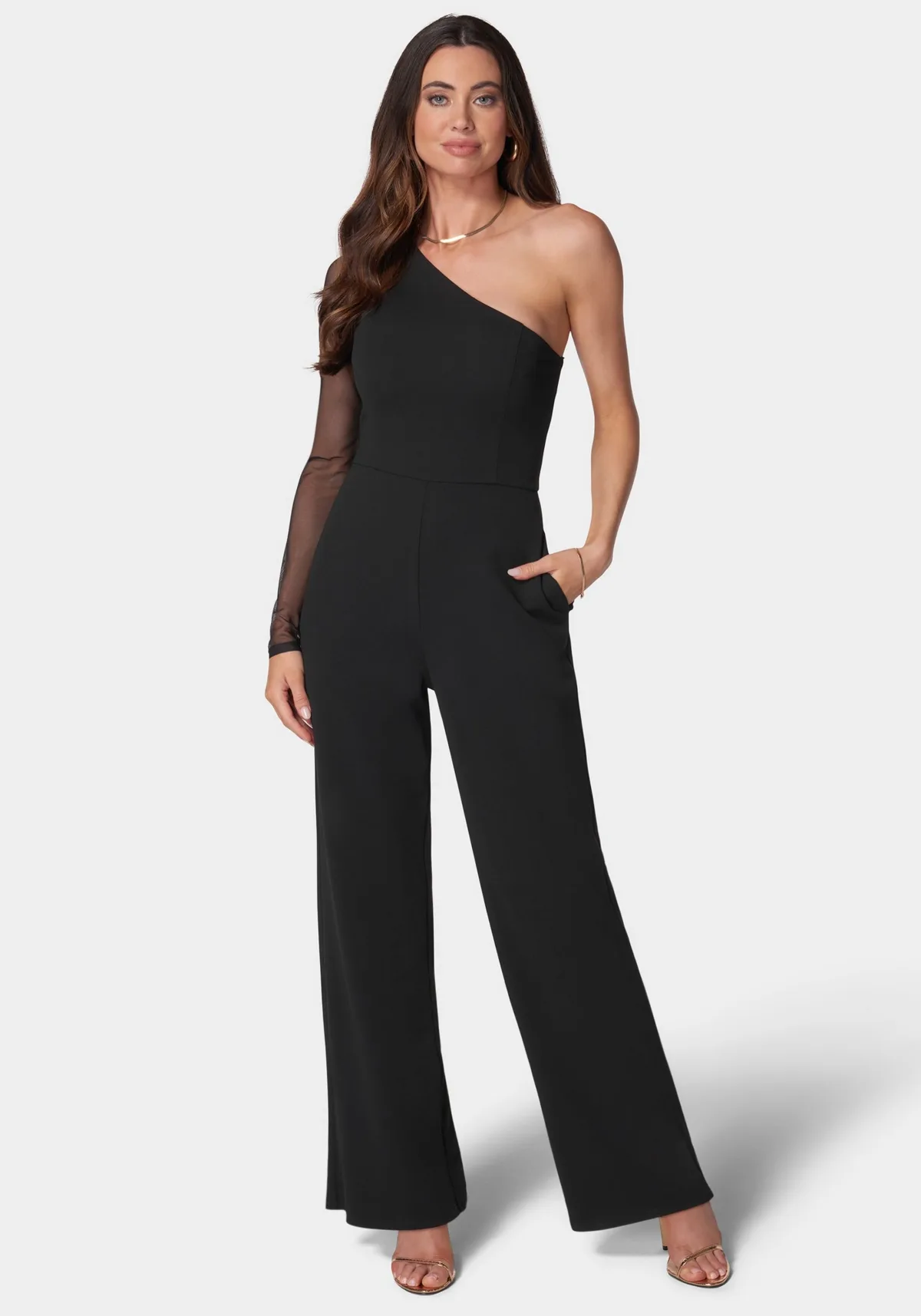 Long Sleeve Mesh One Shoulder Jumpsuit by Bebe