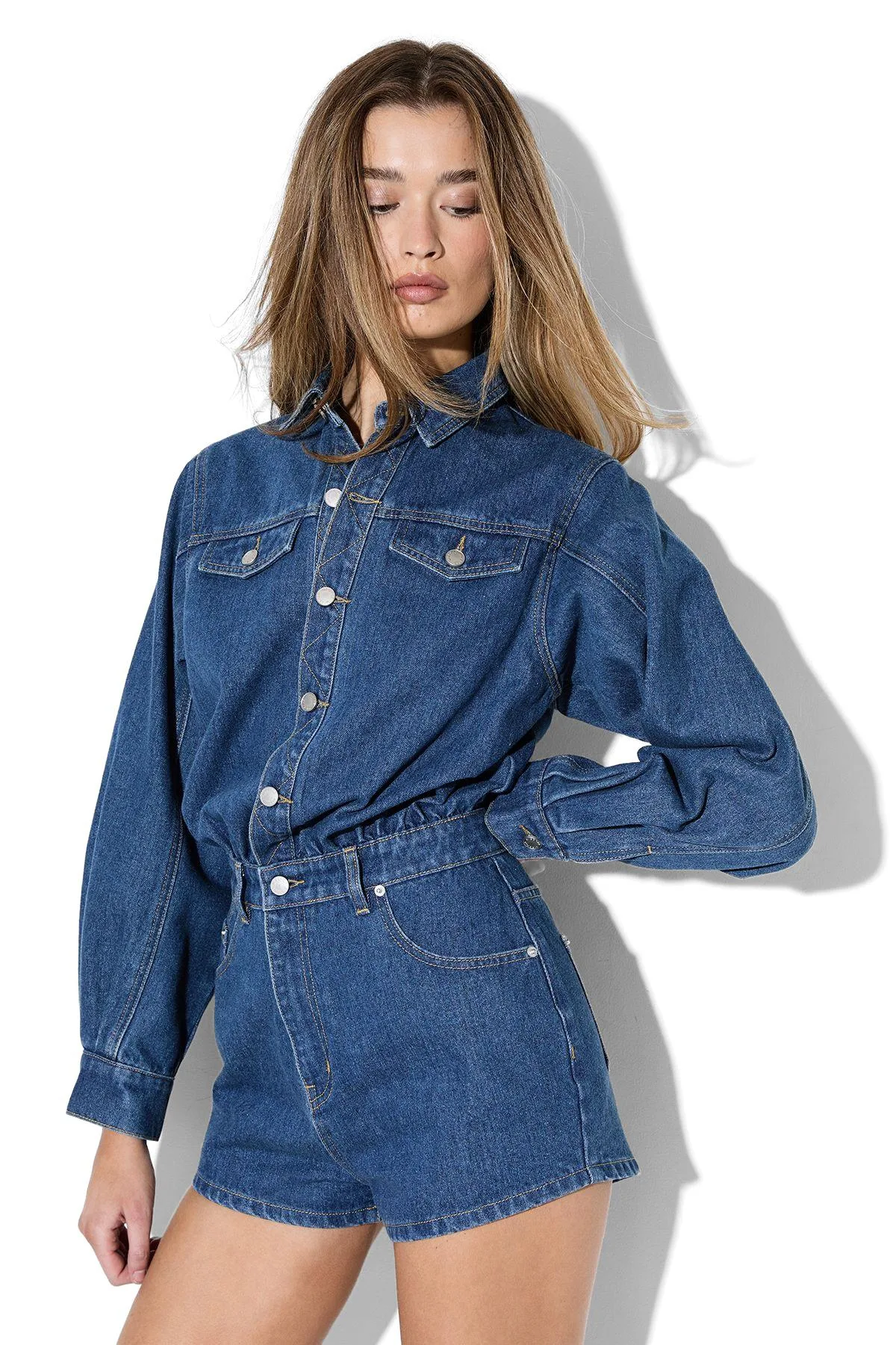 Structured Shoulder Denim Playsuit by Misspap