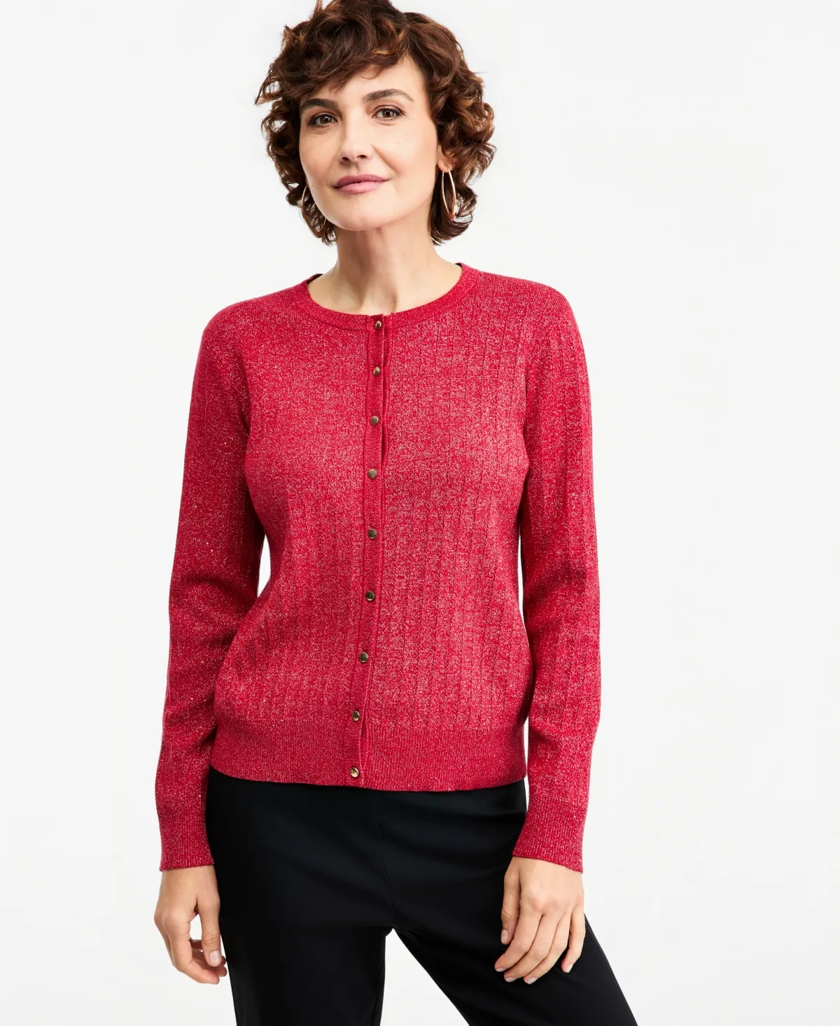 Long-Sleeve Crewneck Pointelle Cardigan by Jm Collection