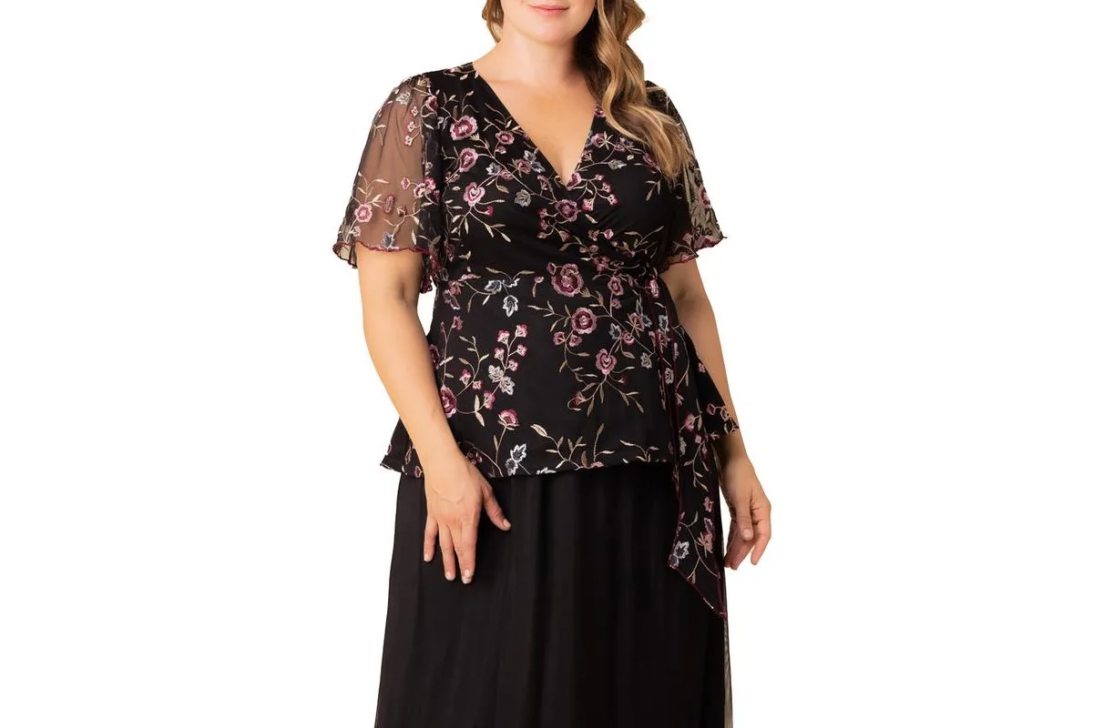Rosalie Embroidered Wrap Top by Kiyonna