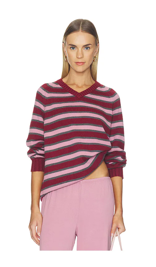 The Cotton Knit Stripe V-Neck Sweater by DONNI.