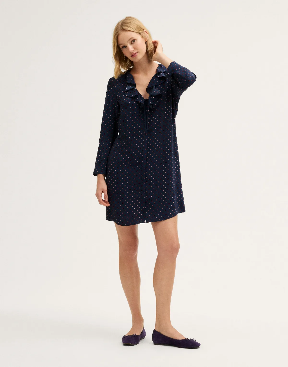 Ruffled V-Neck Long-Sleeve Mini Dress by MW
