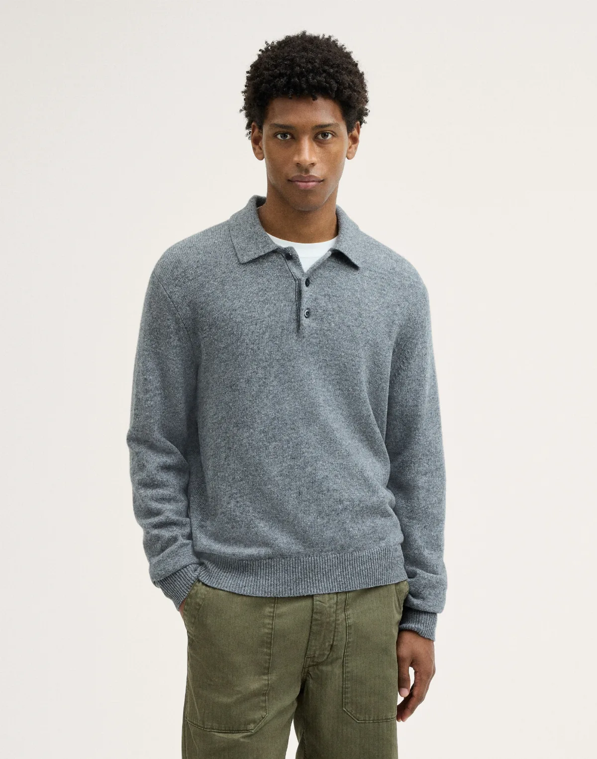 Textured-Stitch Long-Sleeve Polo Shirt in Harbor Wool Blend