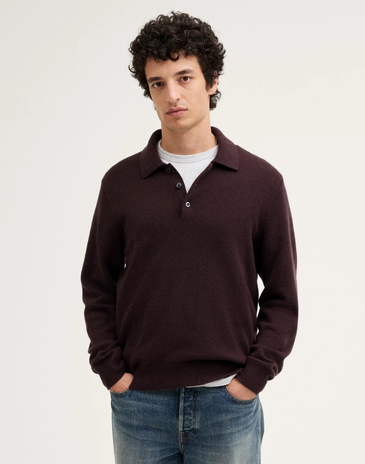 Textured-Stitch Long-Sleeve Polo Shirt in Harbor Wool Blend