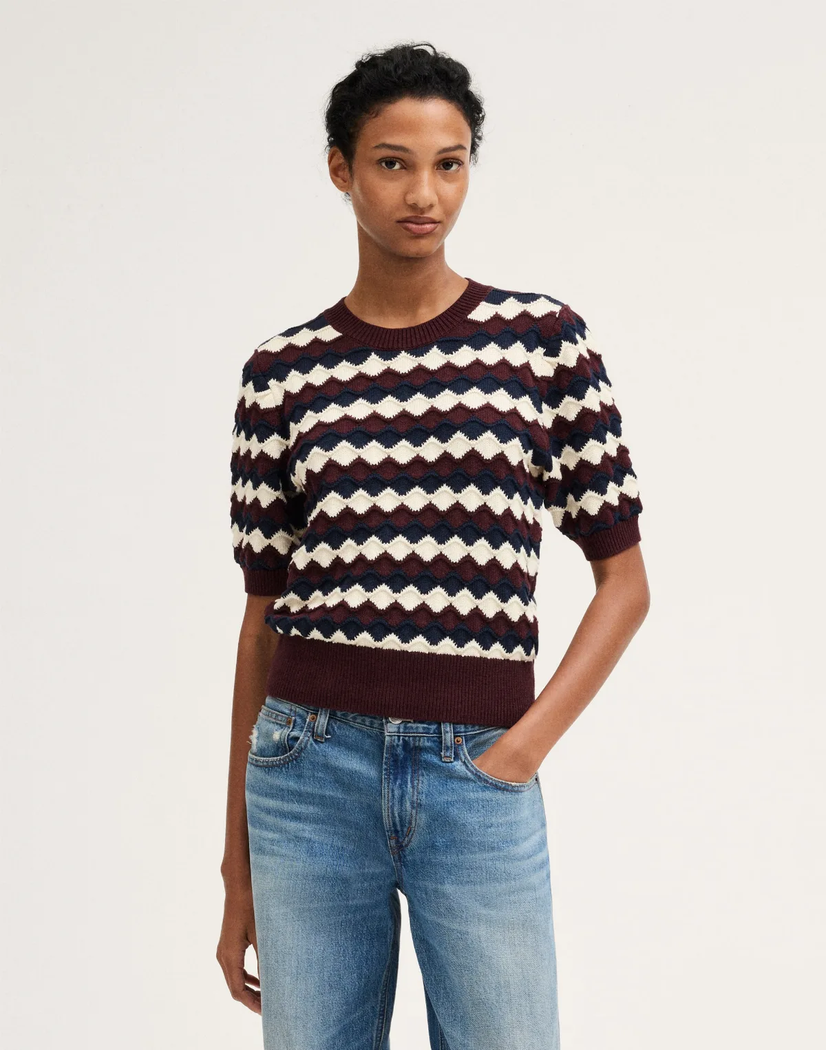 Puff-Sleeve Crewneck Sweater in 100% Cotton by MW