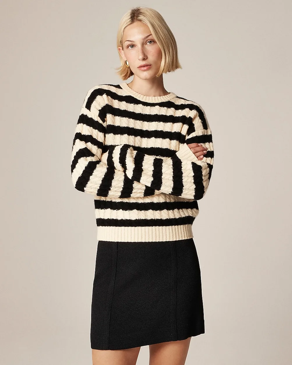 Perfect Cashmere Cable-Knit Crewneck Sweater in Stripe