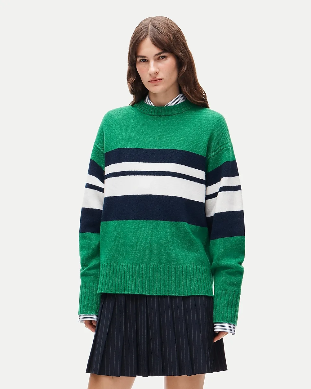 Oversized Cashmere Crewneck Sweater in Placed Stripe by J.Crew