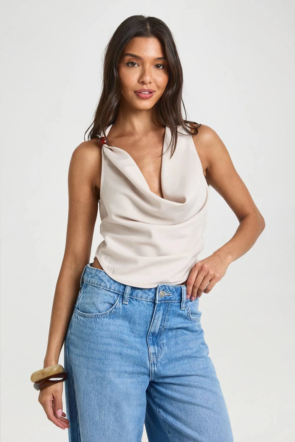 Crepe Beaded Cowl Neck Top - Stone by boohoo