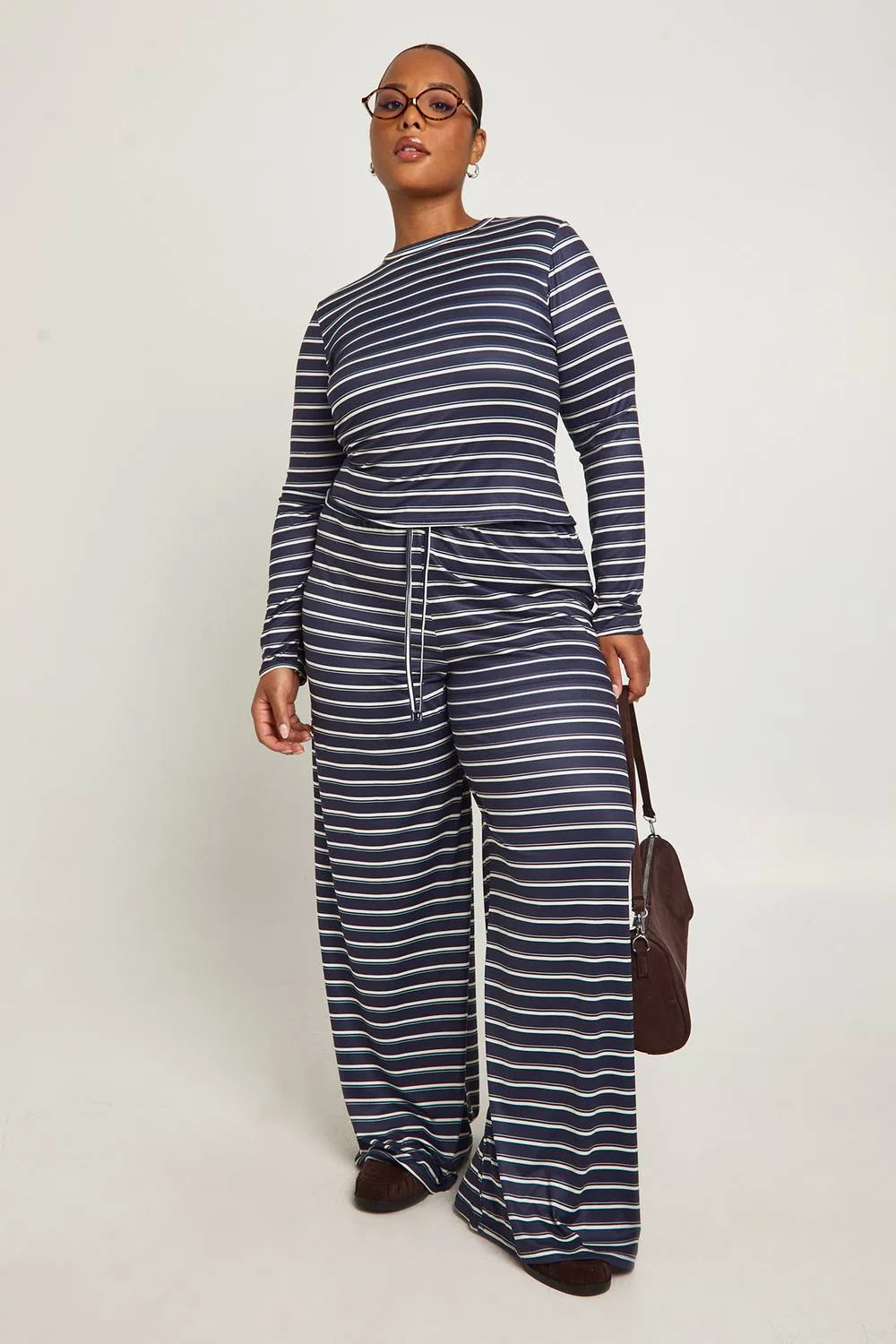 Stripe Long Sleeve Fitted Top & Wide Leg Trouser by boohoo