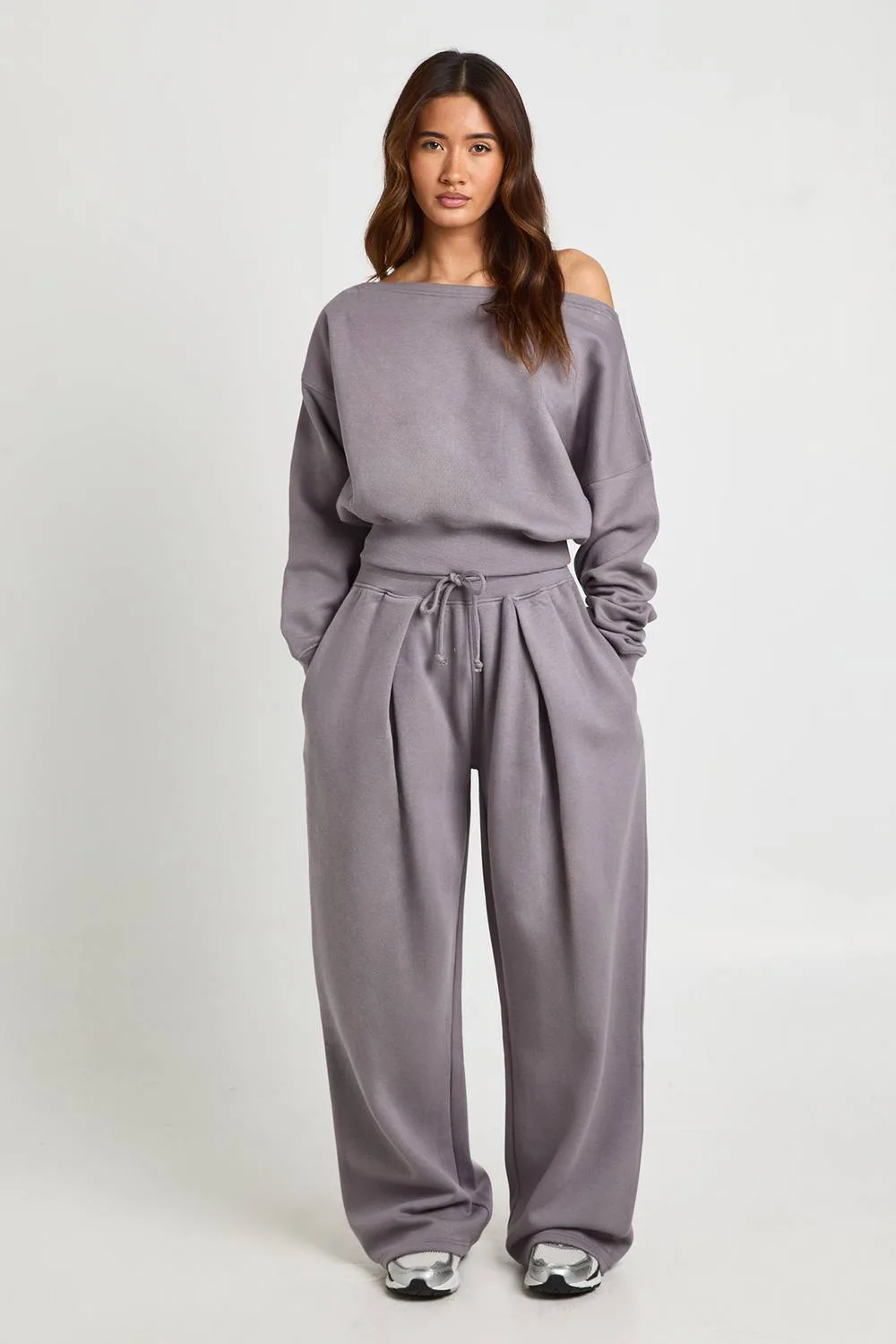 Off Shoulder Sweatshirt & Pleated Jogger Tracksuit by boohoo