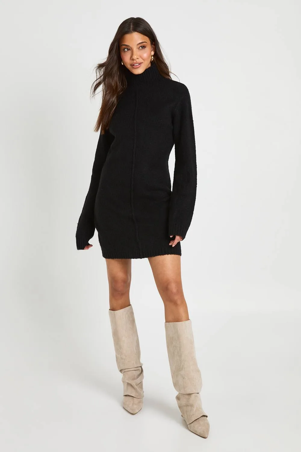 High Neck Seam Detail Knitted Mini Jumper Dress