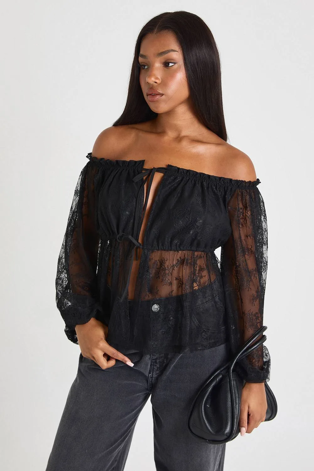 Lace Bardot Tie Front Blouse by boohoo