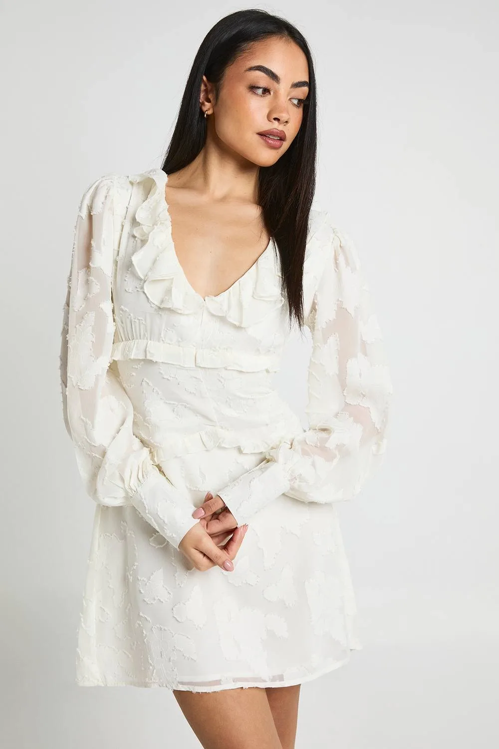 Burnout Ruffle Detail Volume Sleeve Mini Dress by boohoo