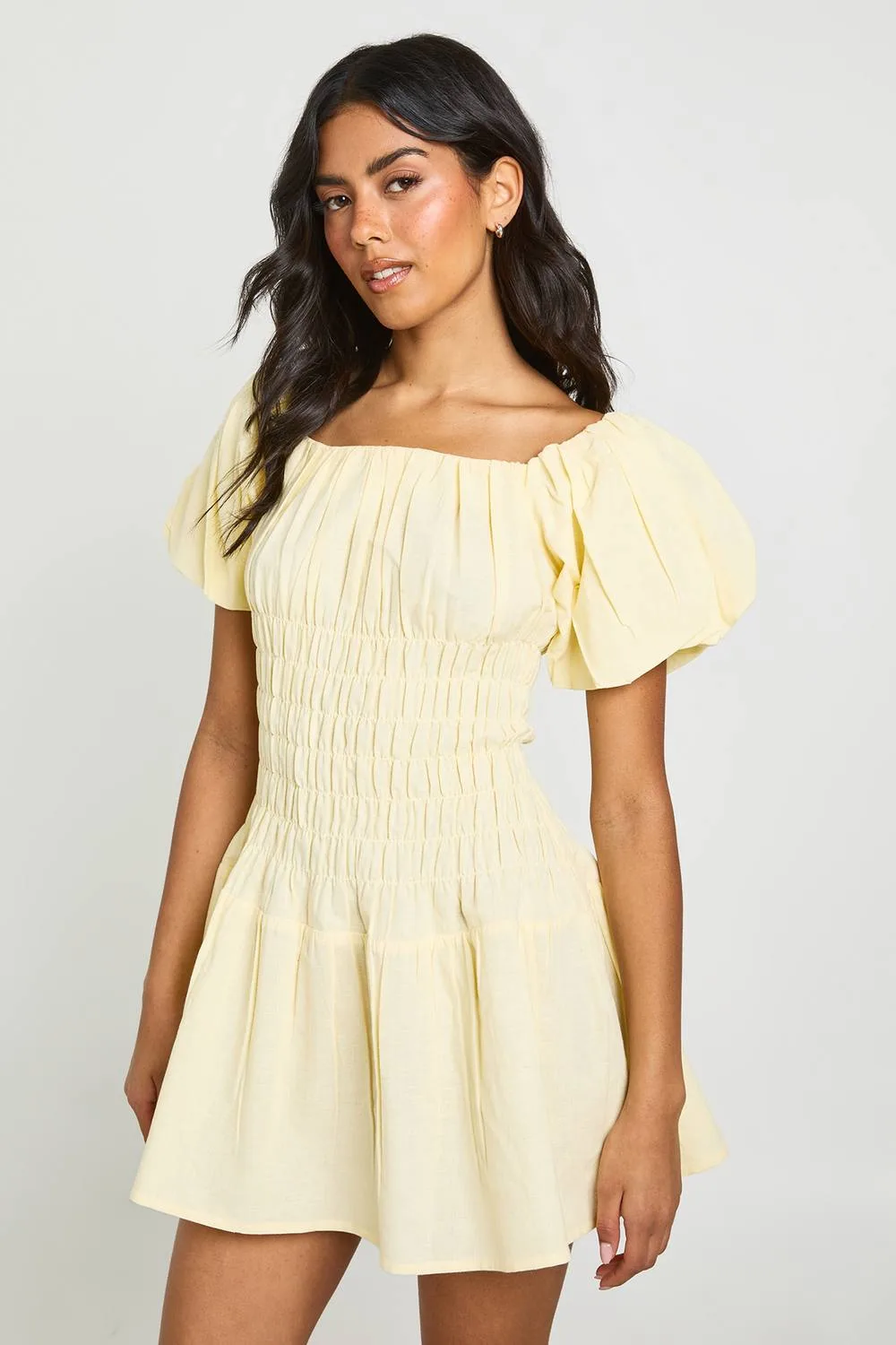Linen Look Puff Sleeve Shirred Mini Dress by boohoo
