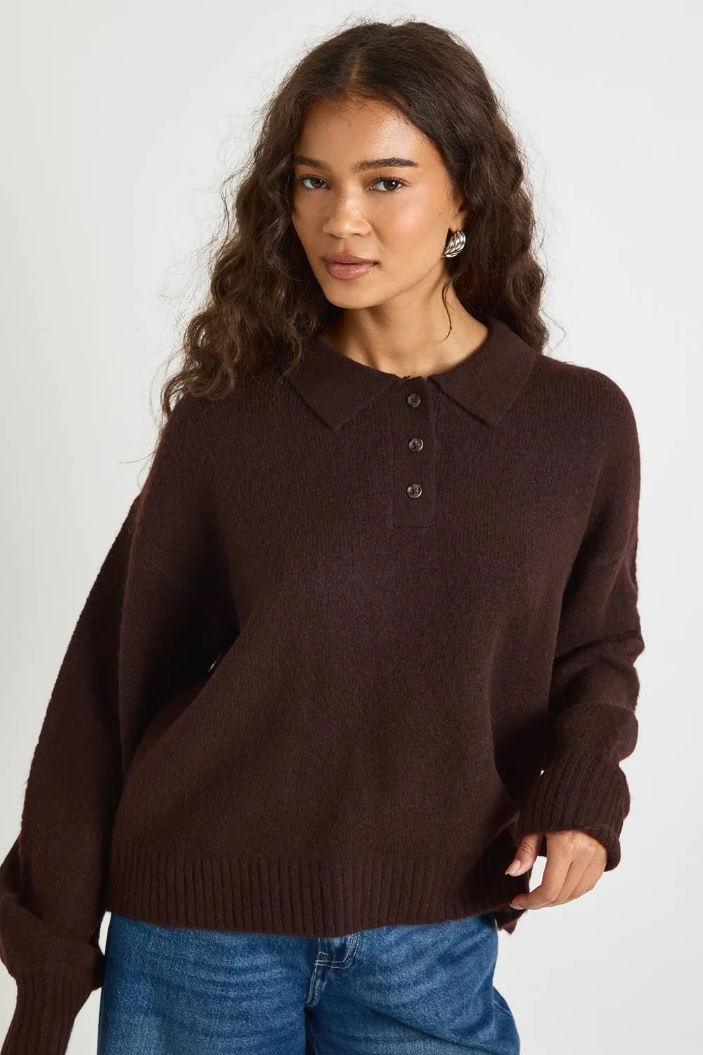 Collared Button Down Oversized Knitted Jumper by boohoo