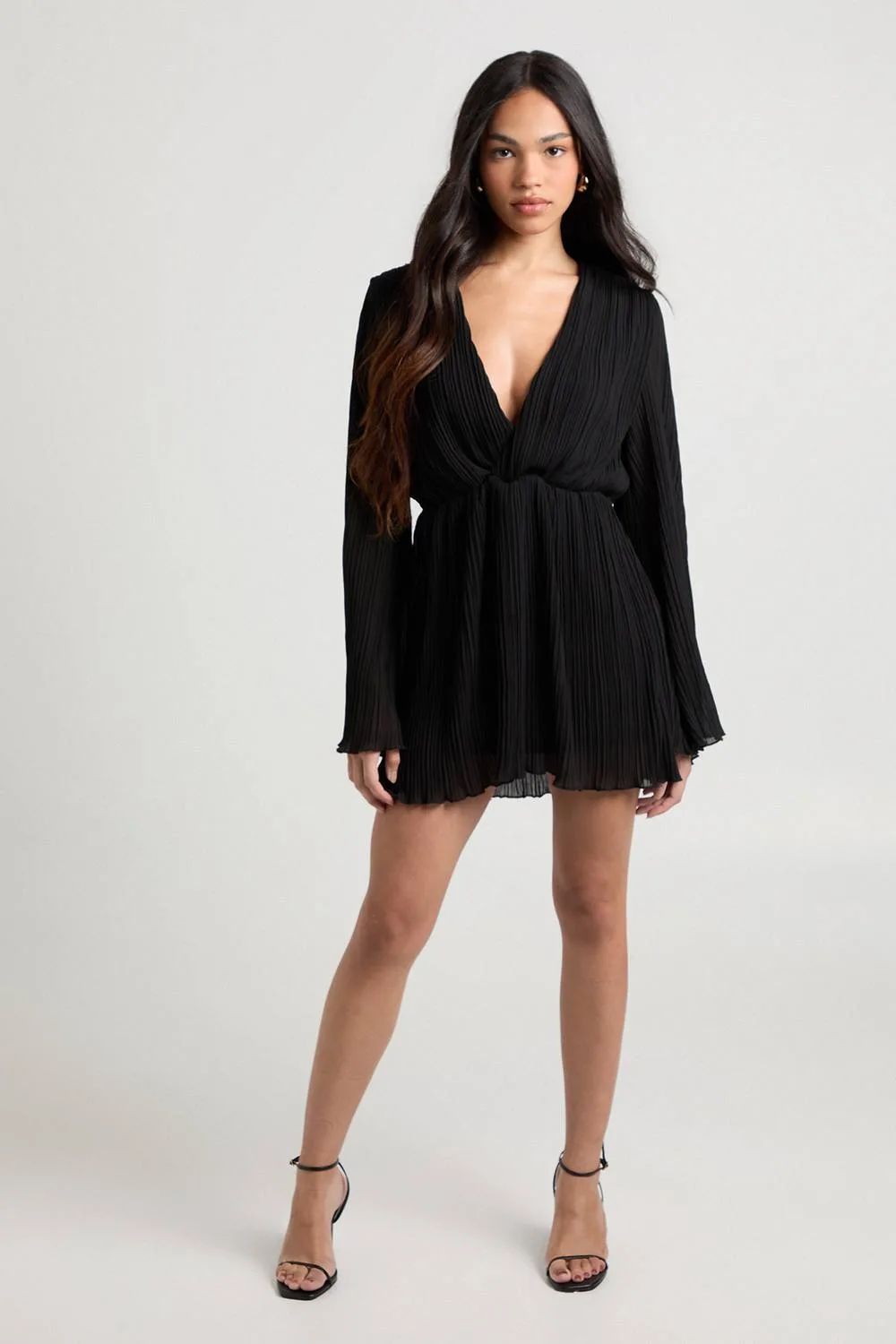 Plisse Ruffle Hem Plunge Front Skater Dress