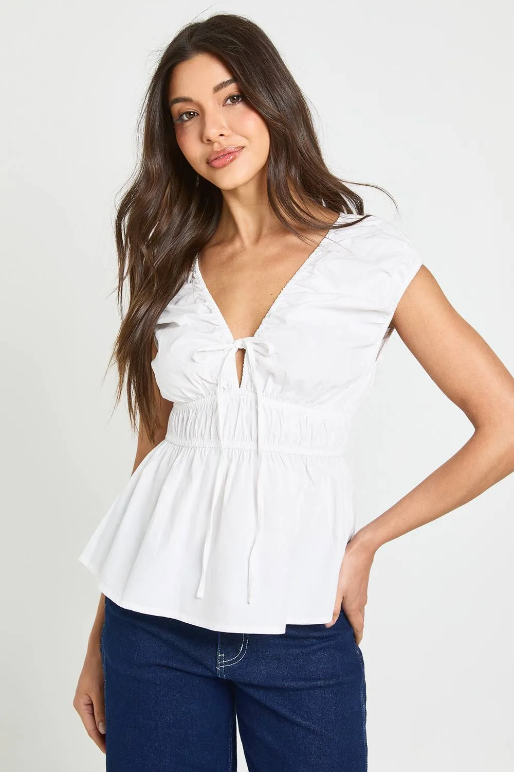 Shirred Waist Peplum Top by boohoo