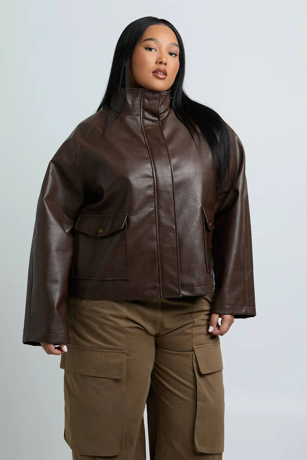 Faux Leather Funnel Neck Jacket