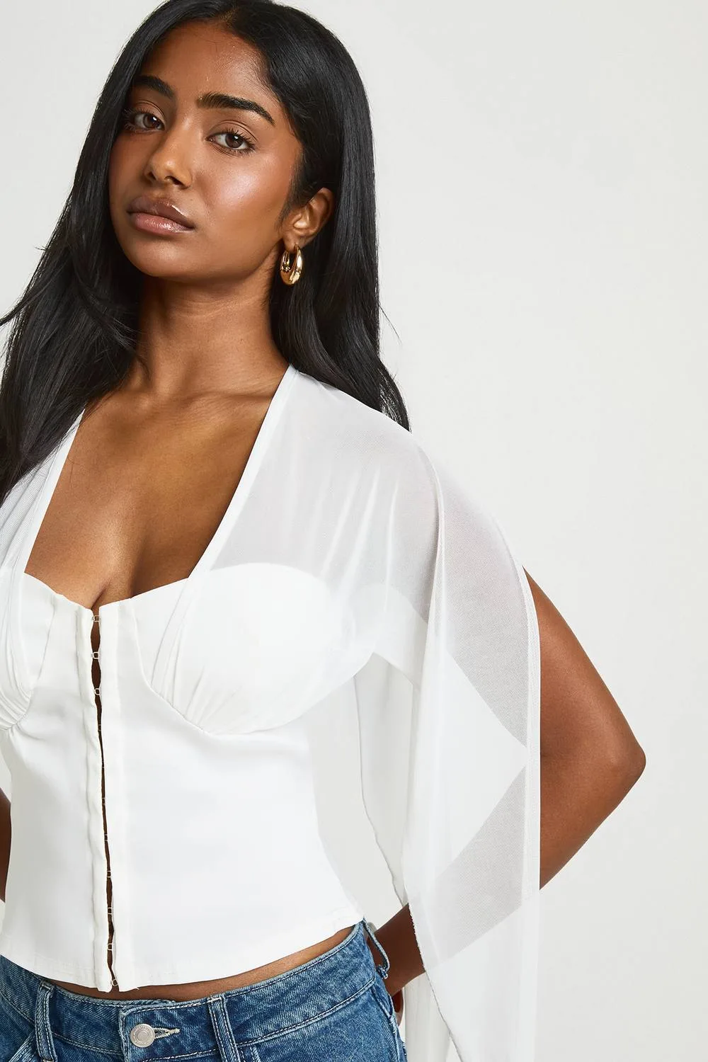 Hook & Eye Corset Top with Mesh Angel Sleeve by boohoo