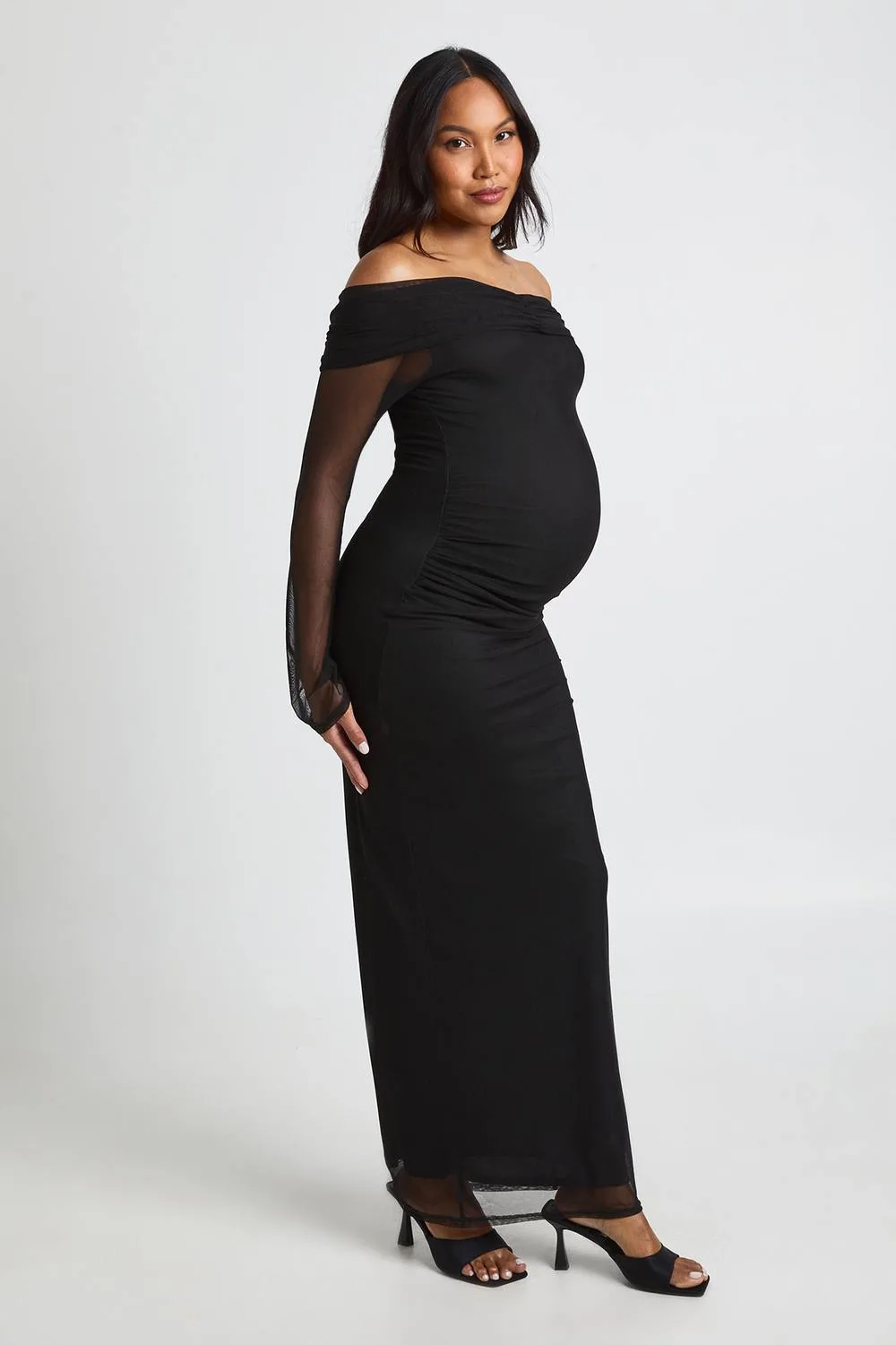 Maternity Bardot Ruched Mesh Sleeve Maxi Dress by boohoo