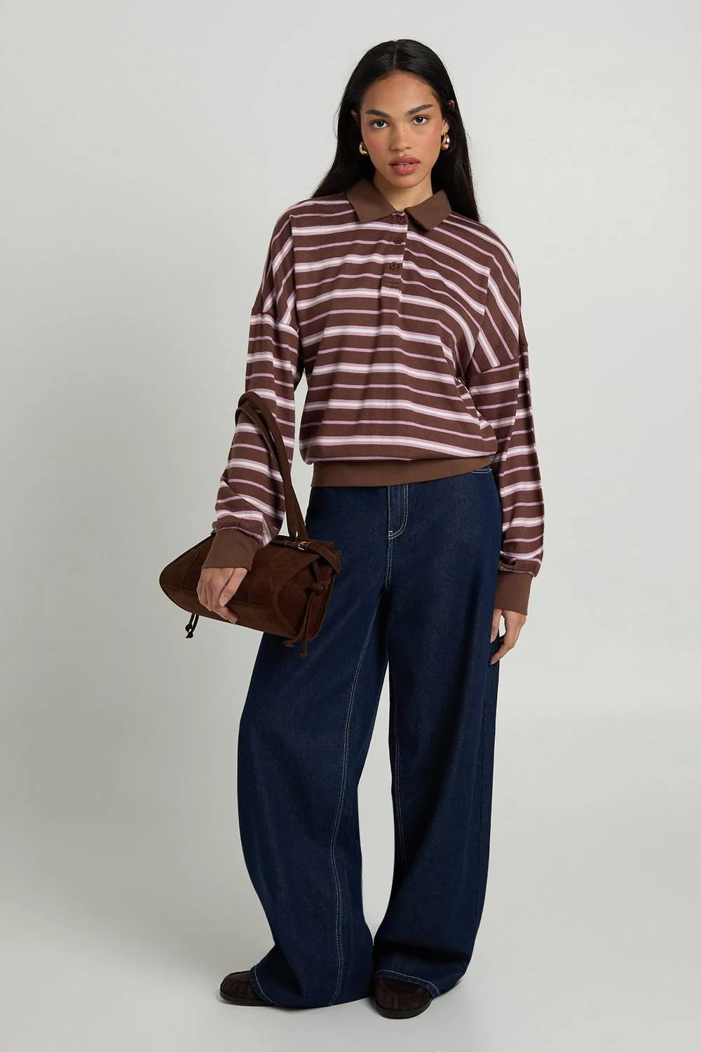 Knitted Stripe Rugby Polo Top by boohoo
