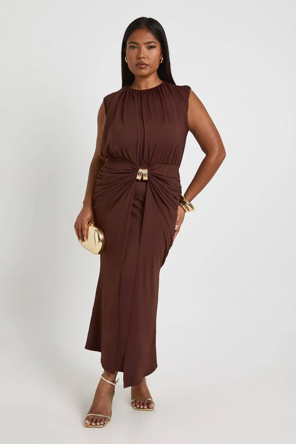 Gold Trim Ruched Midaxi Dress by boohoo